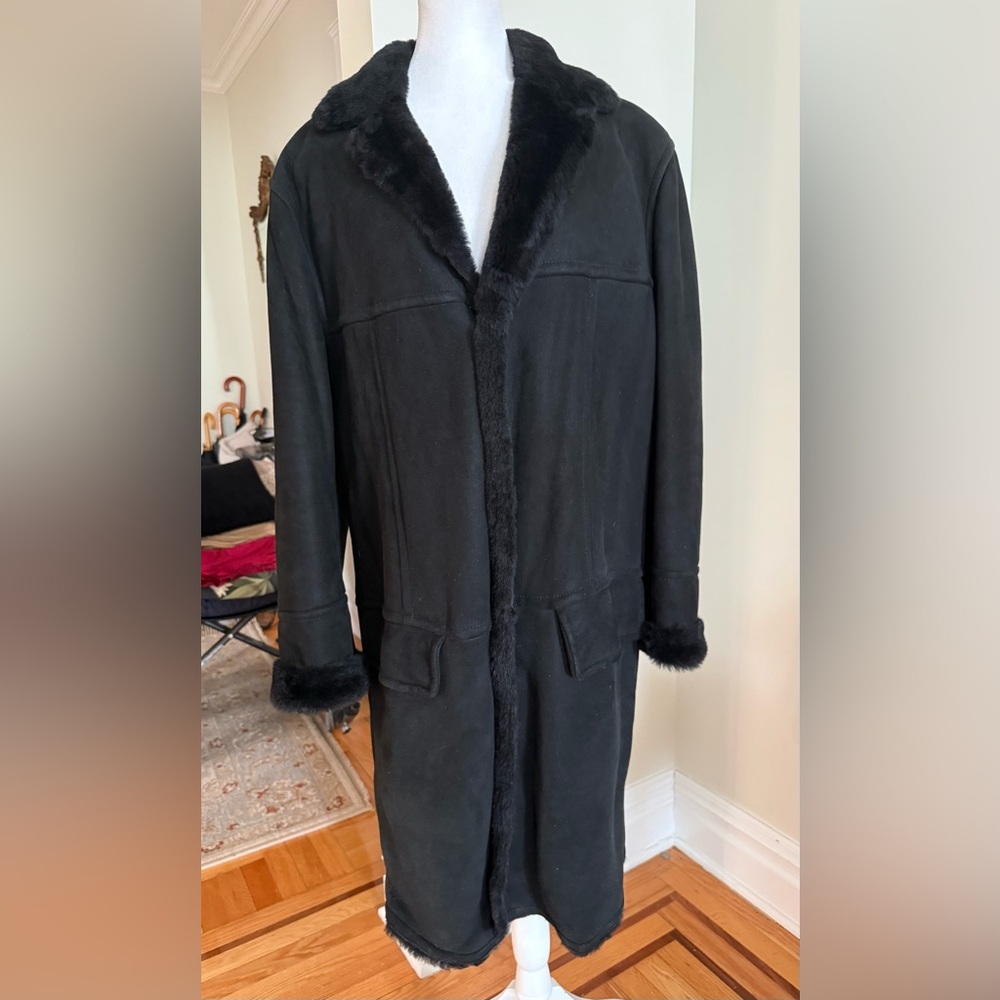 Authentic Gucci vintage single breasted shearling suede leather black coat Sz 50